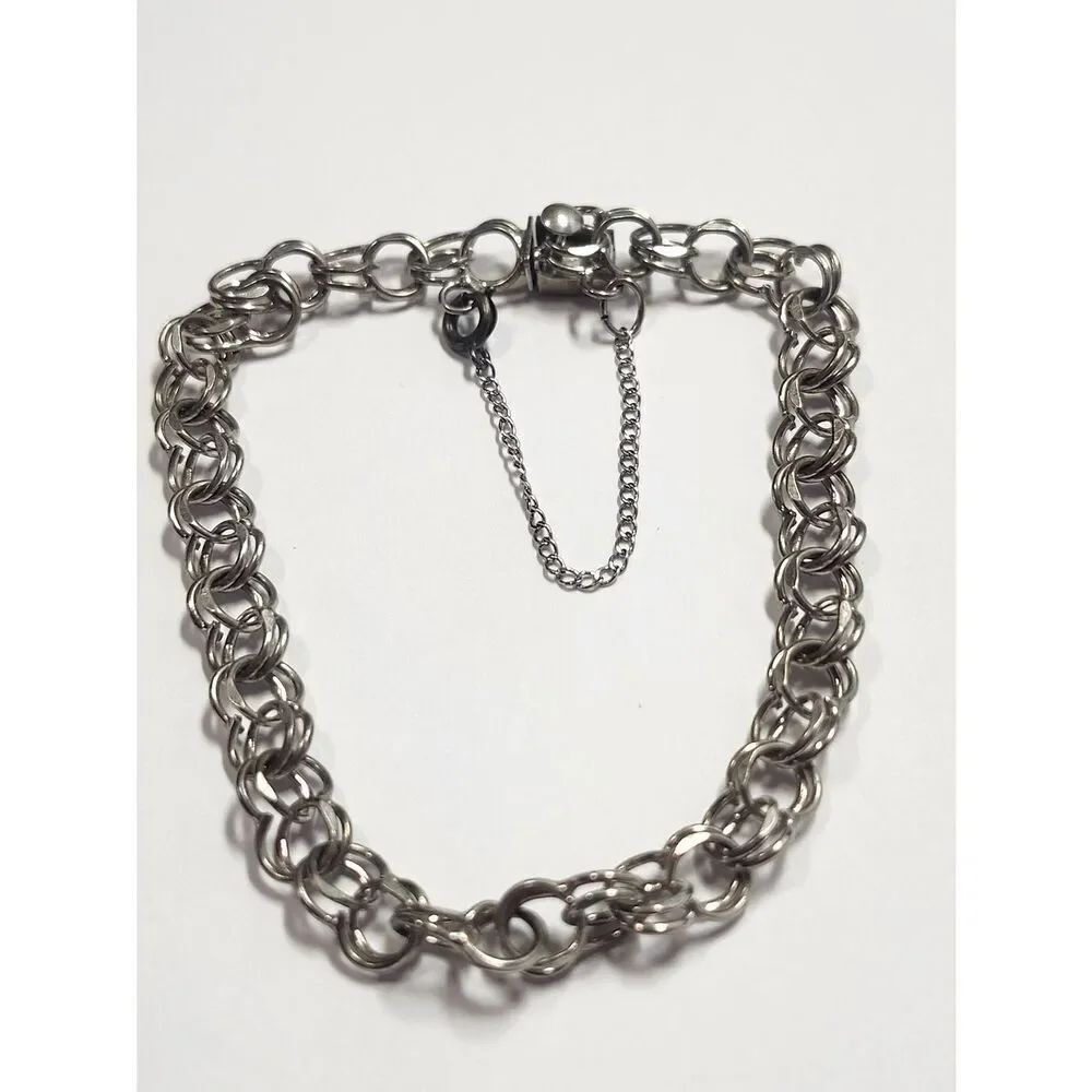 Sterling SilverâDouble Wire Link Charm Starter Bracelet Vintage 7in Mid Century
